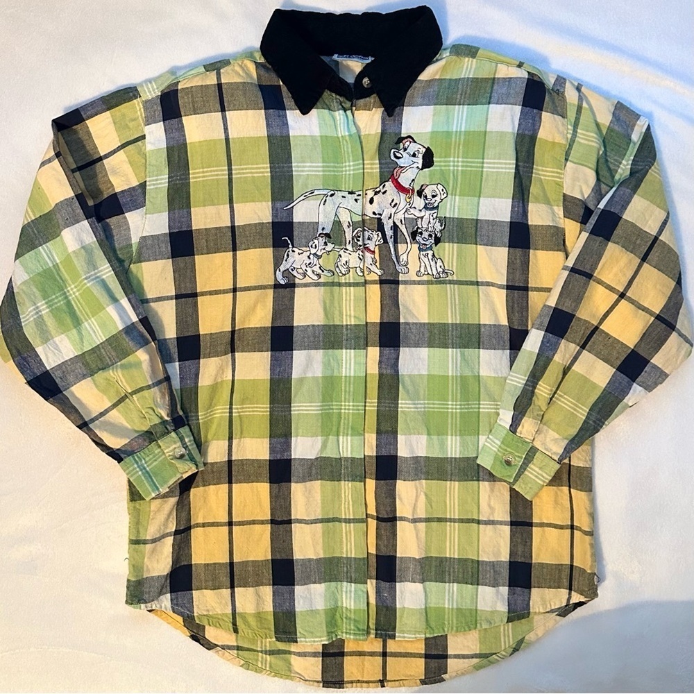 Vtg Disney 101‎ Dalmatians Plaid Button Long Slv Shirt L Embroidered green yellw